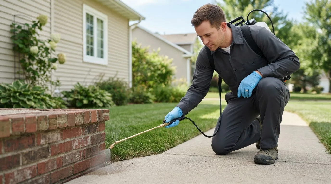 Pest control technician treating a home near Stevinson, CA