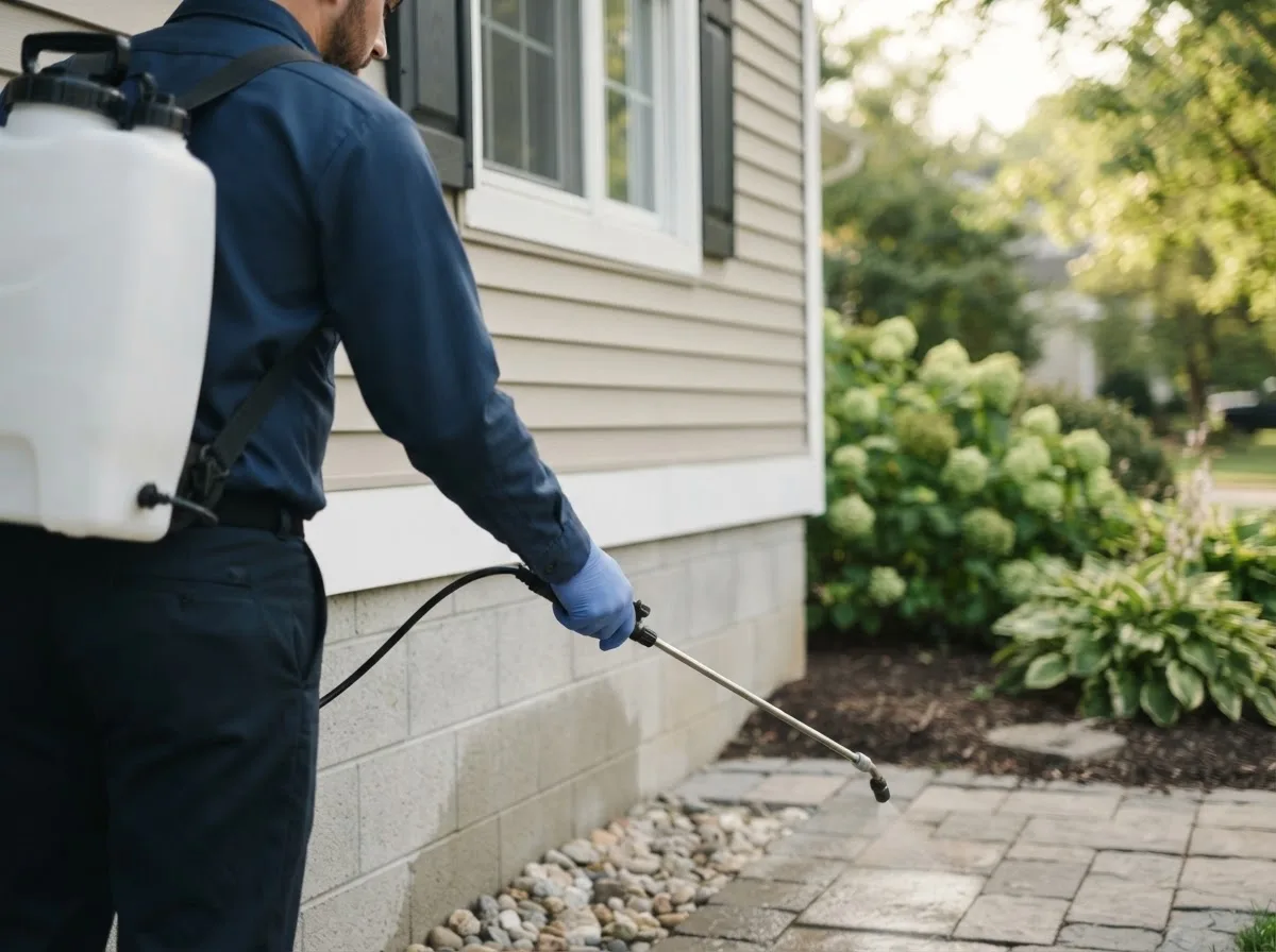 Pest control technician inspecting a home in Stevinson, CA